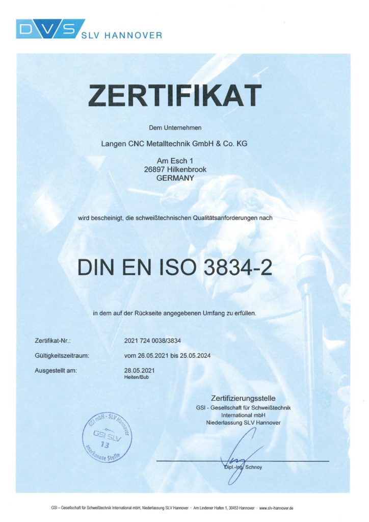 Zertifikat DIN EN ISO 3834-2